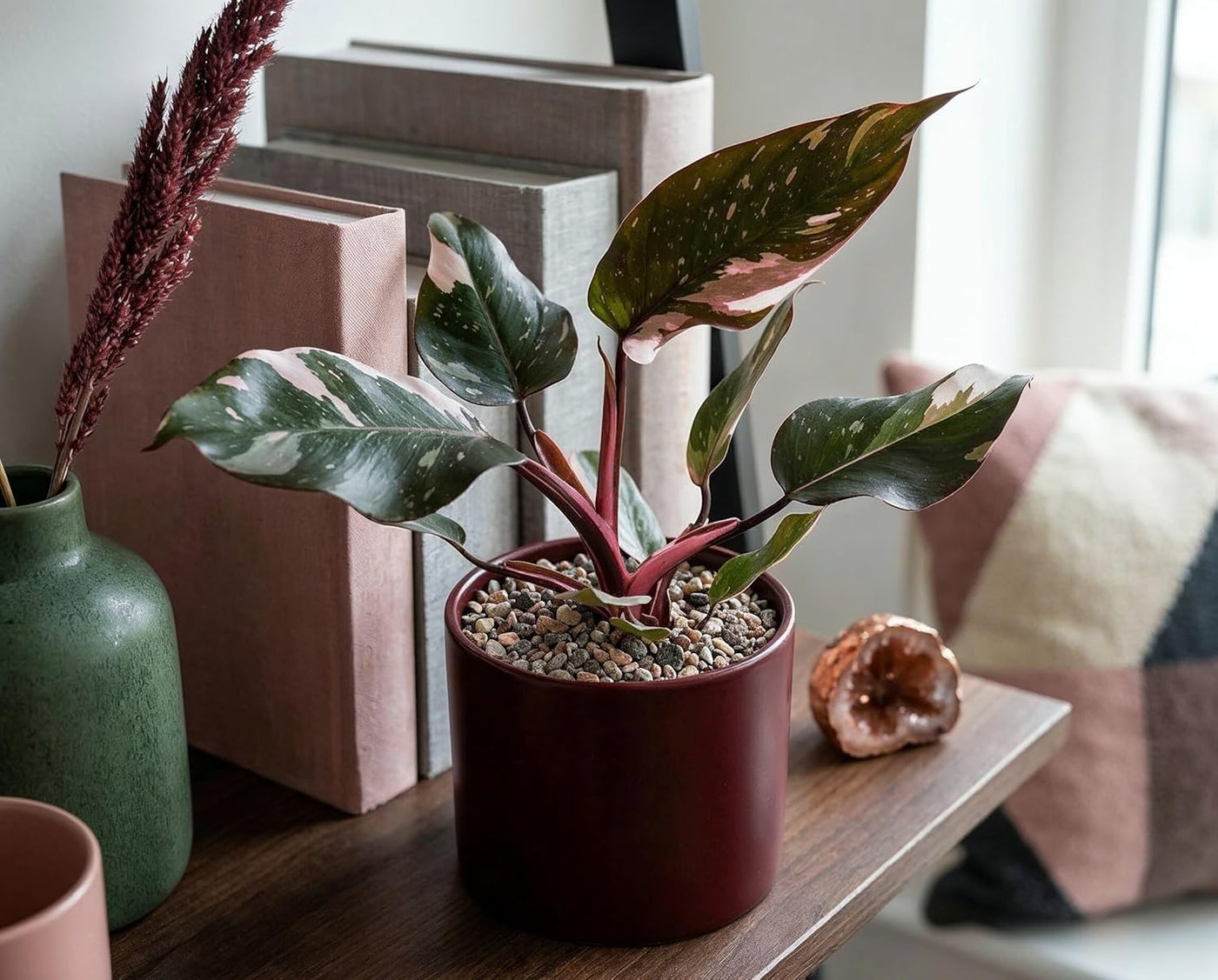 Philodendron Red Anderson Zimmerpflanze Variegata - Seltener panaschierter Sammler-Kultivar mit weiß-grünen Blättern & magentaroten Blattstielen