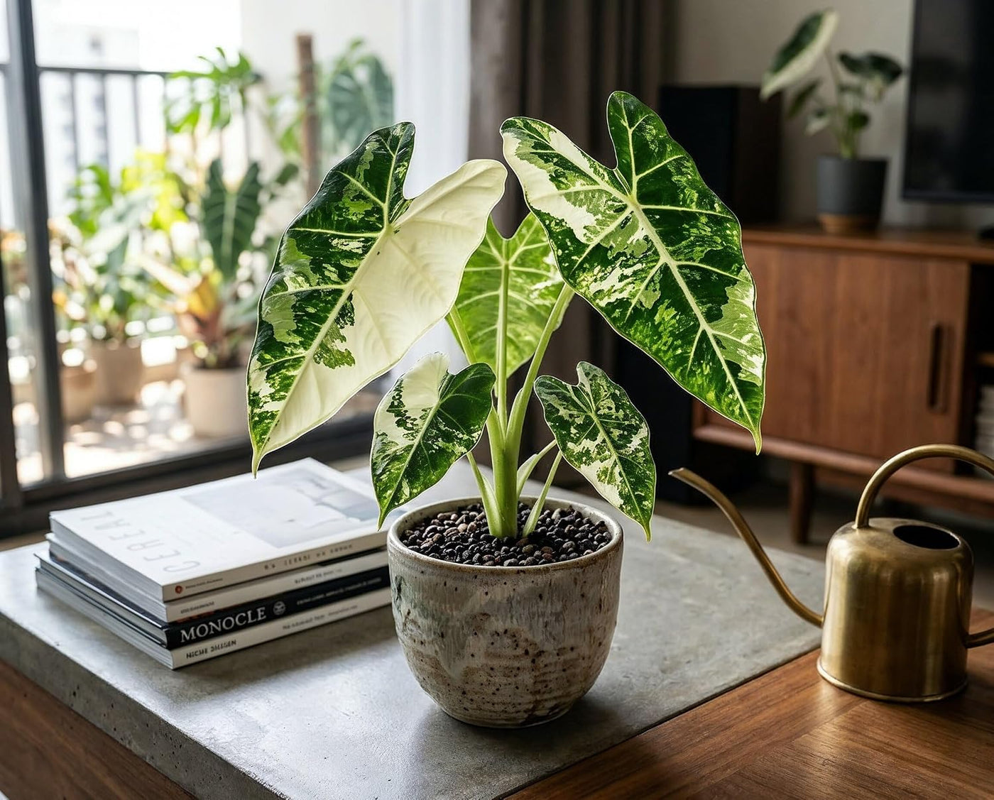 Alocasia Frydek Variegata - panaschierte Zimmerpflanze mit reinweißem Muster