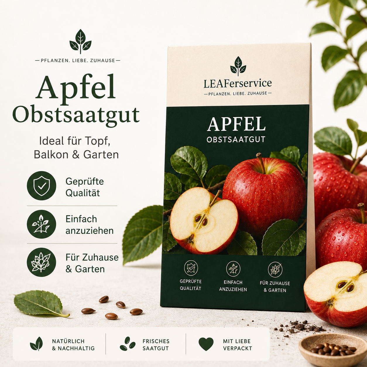 LEAFerservice Apfel Obstsaatgut mit roten Äpfeln und Produktvorteilen: geprüfte Qualität, einfach anzuziehen und für Zuhause & Garten