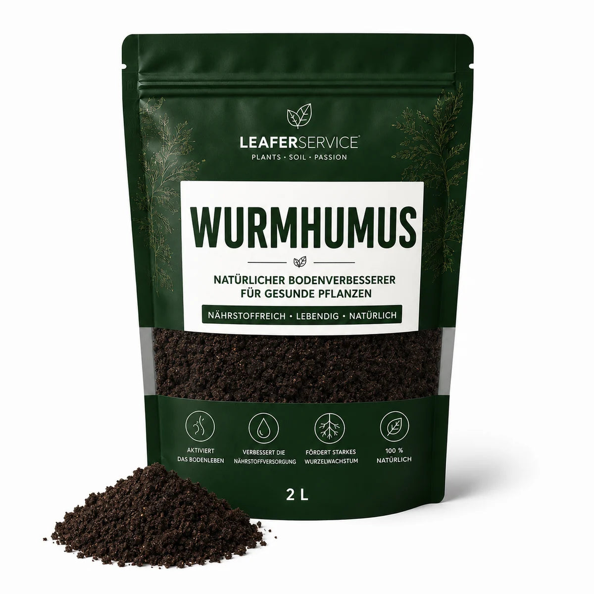 Wurmhumus – organische Nährstoffkomponente, LEAFerservice Beispielverpackung 2 Liter