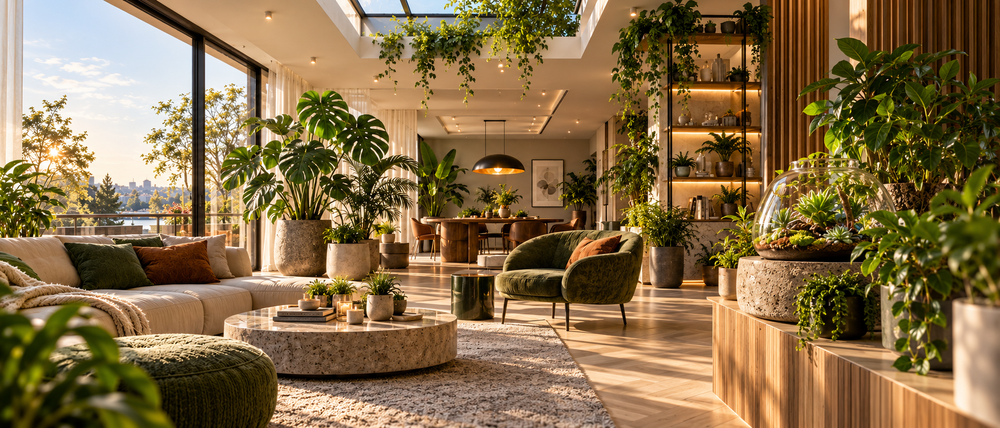Moderne Pflanzeninterieur-Lösung mit Monstera, Pflanzgefäßen, Beleuchtung und Sukkulenten-Terrarium