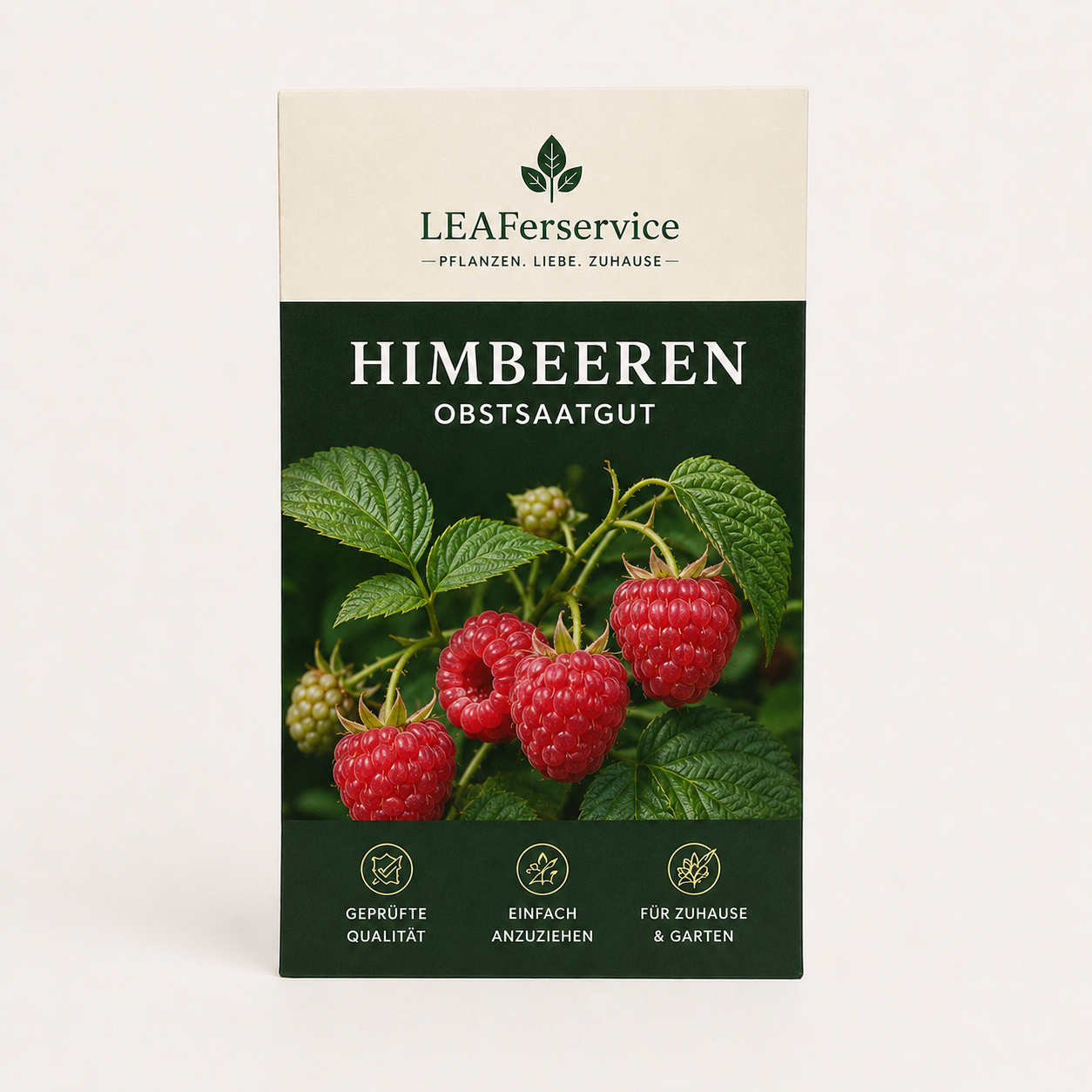 LEAFerservice Himbeeren-Obstsaatgut in Verpackung mit reifen Himbeeren