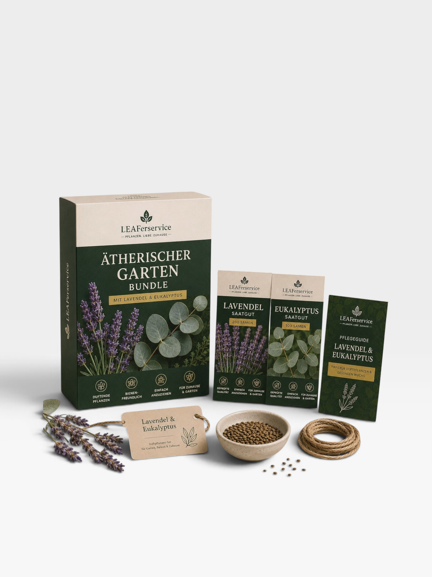 LEAFerservice Ätherischer Garten Bundle mit Lavendel- und Eukalyptus-Saatgut, Pflegeguide und Zubehör