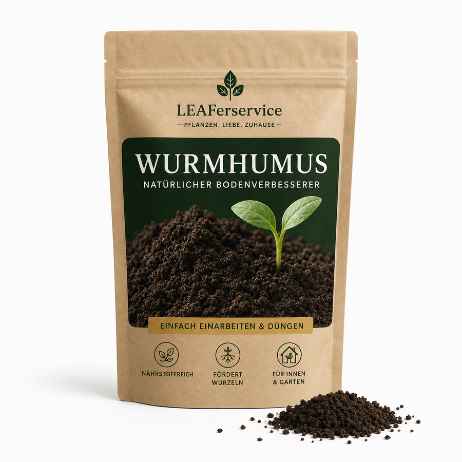 LEAFerservice Wurmhumus im Kraftpapierbeutel mit Jungpflanze und losem Granulat