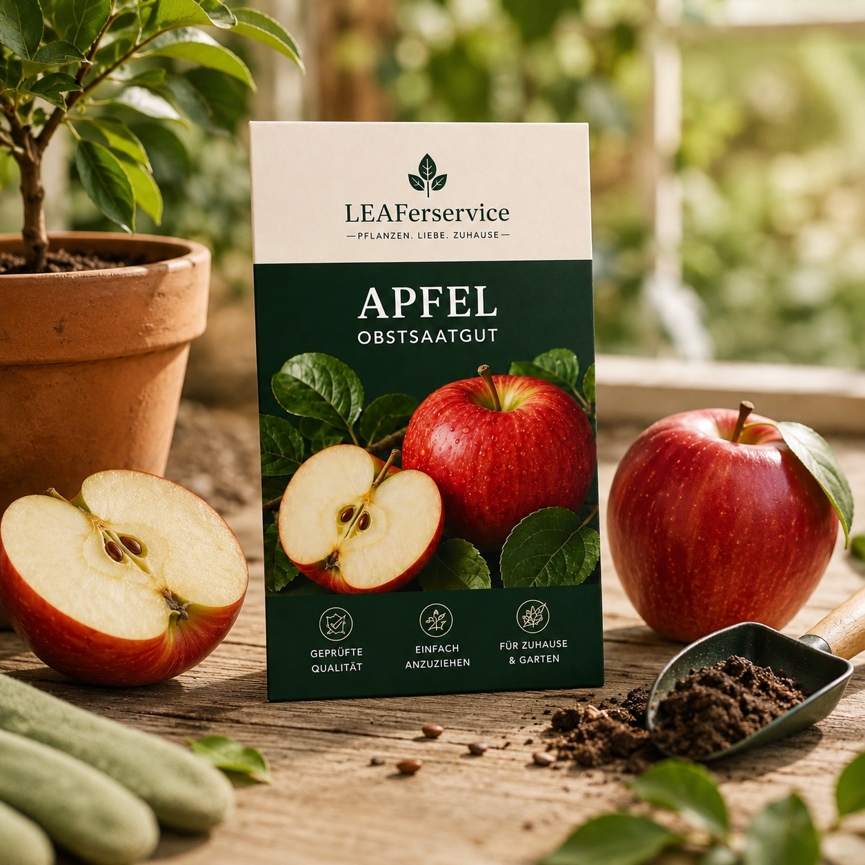 LEAFerservice Apfel Obstsaatgut in natürlicher Gartenumgebung mit roten Äpfeln, Pflanztopf, Erde und Gartenschaufel