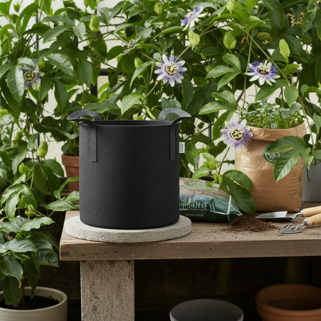 GrowPRO Stofftopf mit Untersetzer für Pflanzen, atmungsaktiver Pflanzsack aus Stoff, ideal für Gemüse und Blumen.