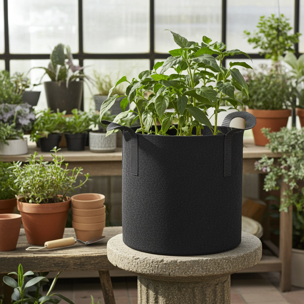 GrowPRO Stofftopf mit Untersetzer, atmungsamer Pflanzsack aus Stoff für Pflanzen, zeigt Topf mit passendem Untersetzer.