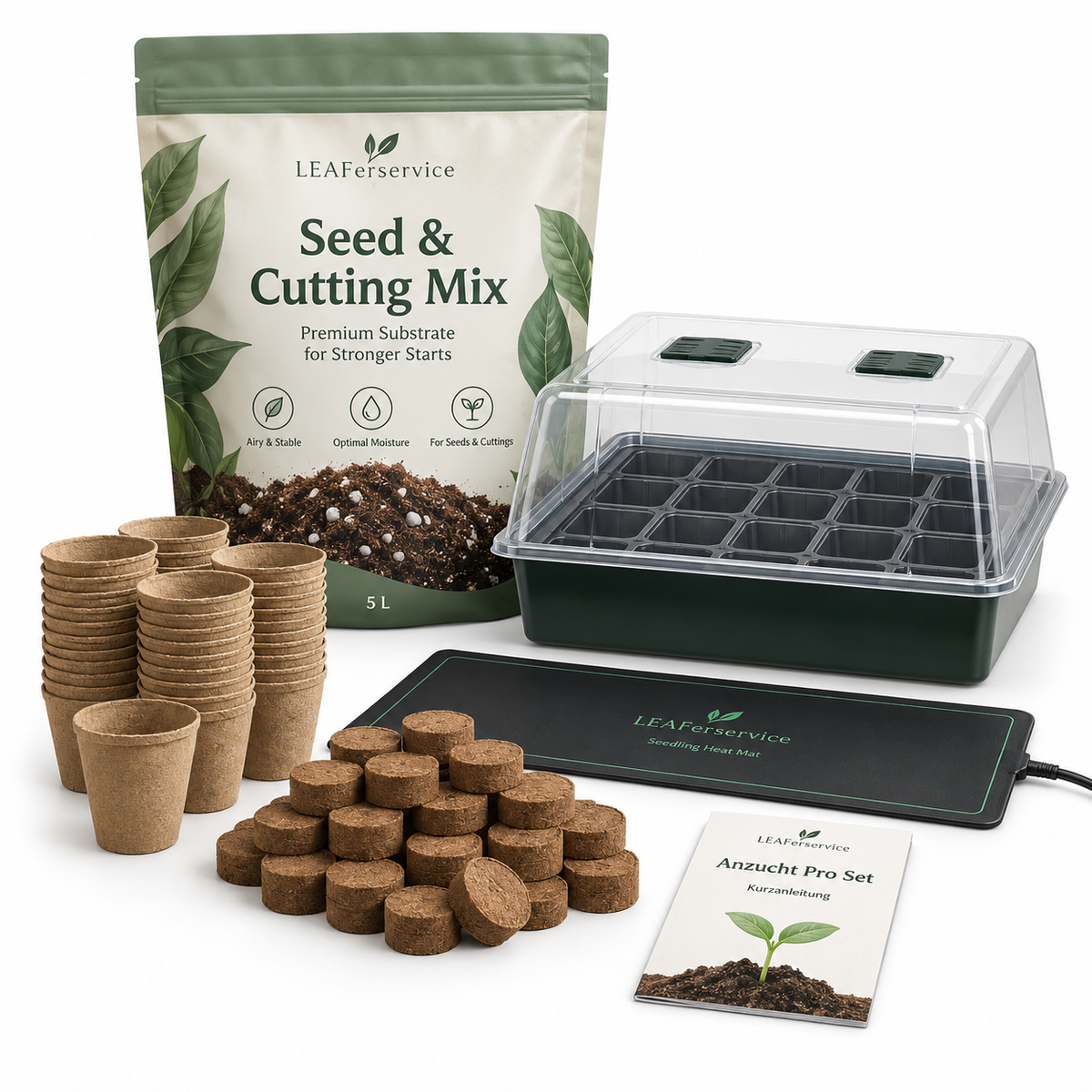 LEAFerservice Anzucht Pro Set mit Seed & Cutting Mix, Anzuchtbox, Heizmatte, Kokos-Quelltabs und Anzuchtbechern