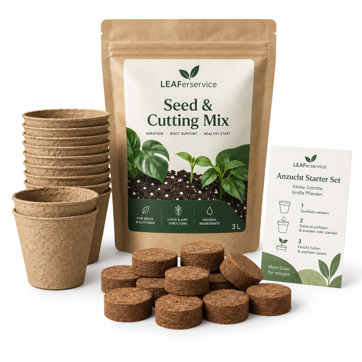 LEAFerservice Anzucht Starter Set mit Seed & Cutting Mix, Kokos-Quelltabs und kompostierbaren Anzuchtbechern