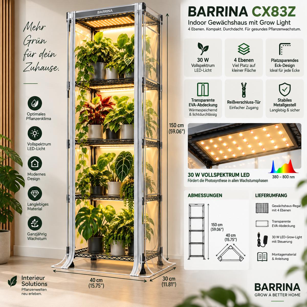 Indoor-Gewächshaus von Barrina CX83Z mit integriertem Grow Light, technische Daten auf Produktbild sichtbar