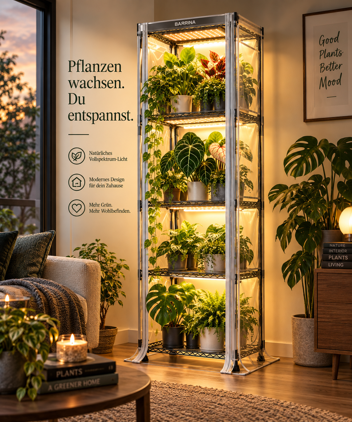 Indoor-Gewächshaus von Barrina mit Grow Light, zeigt das Produkt in einer lifestyligen Umgebung, ideal für Pflanzenanzucht.