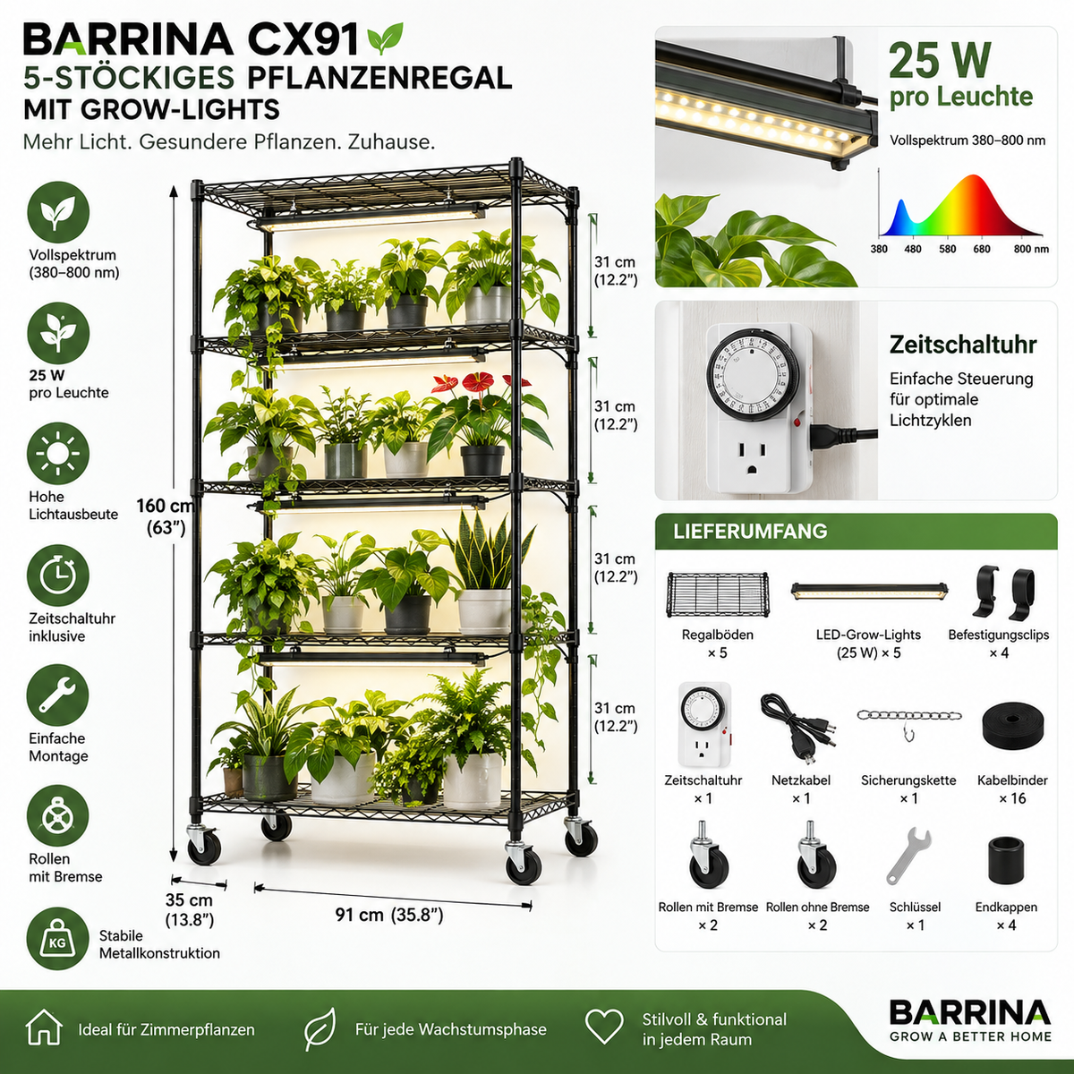 Barrina CX91 Pflanzenregal mit 5 Ebenen und integrierten Grow-Lights für optimale Pflanzenbeleuchtung.