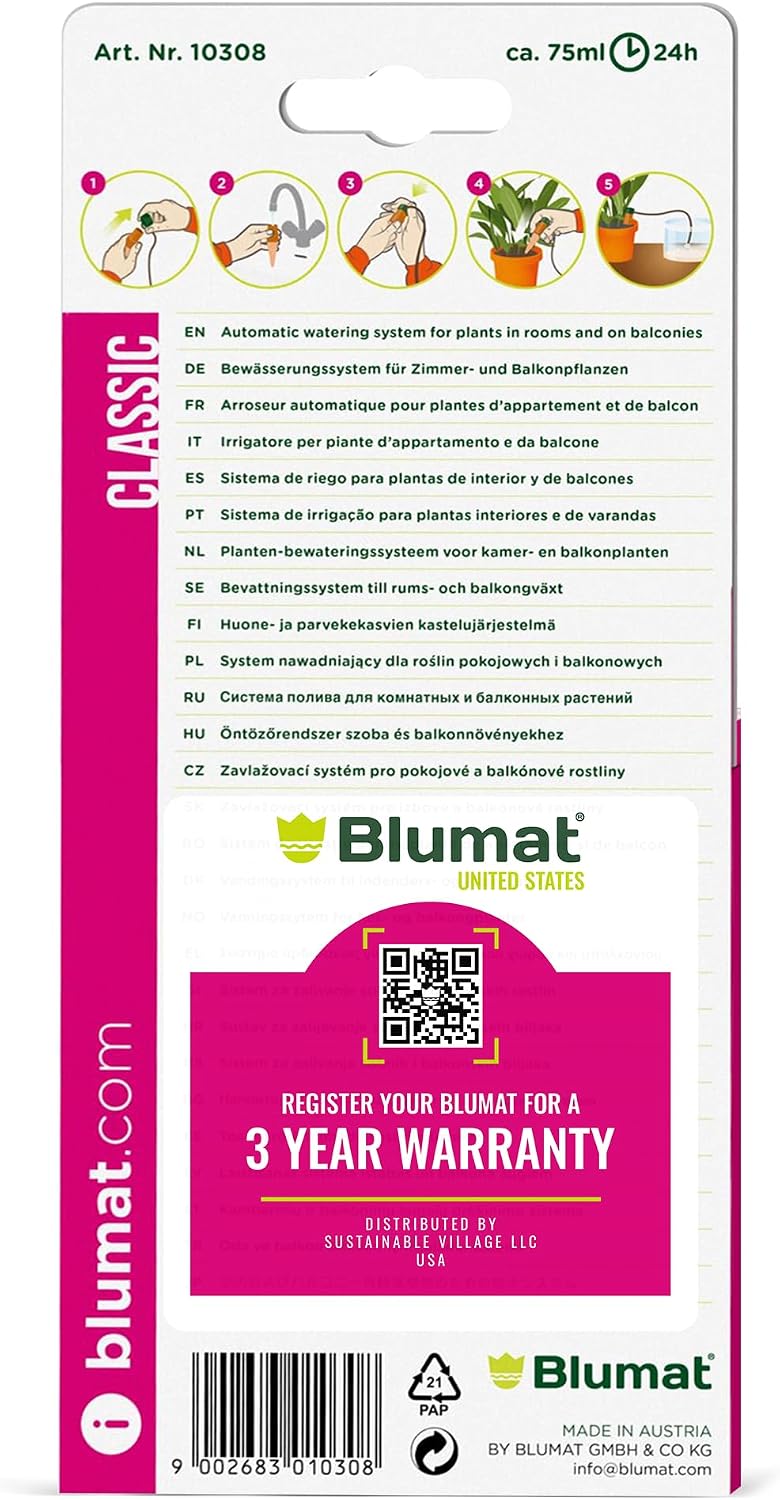 Rückansicht der Blumat Classic Verpackung, Artikel 10308, mit Anwendungsschritten und US-Aufkleber