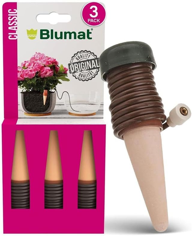 Blumat Classic 3er-Set – Originalverpackung mit drei Bewässerungskegeln und Produktdetail