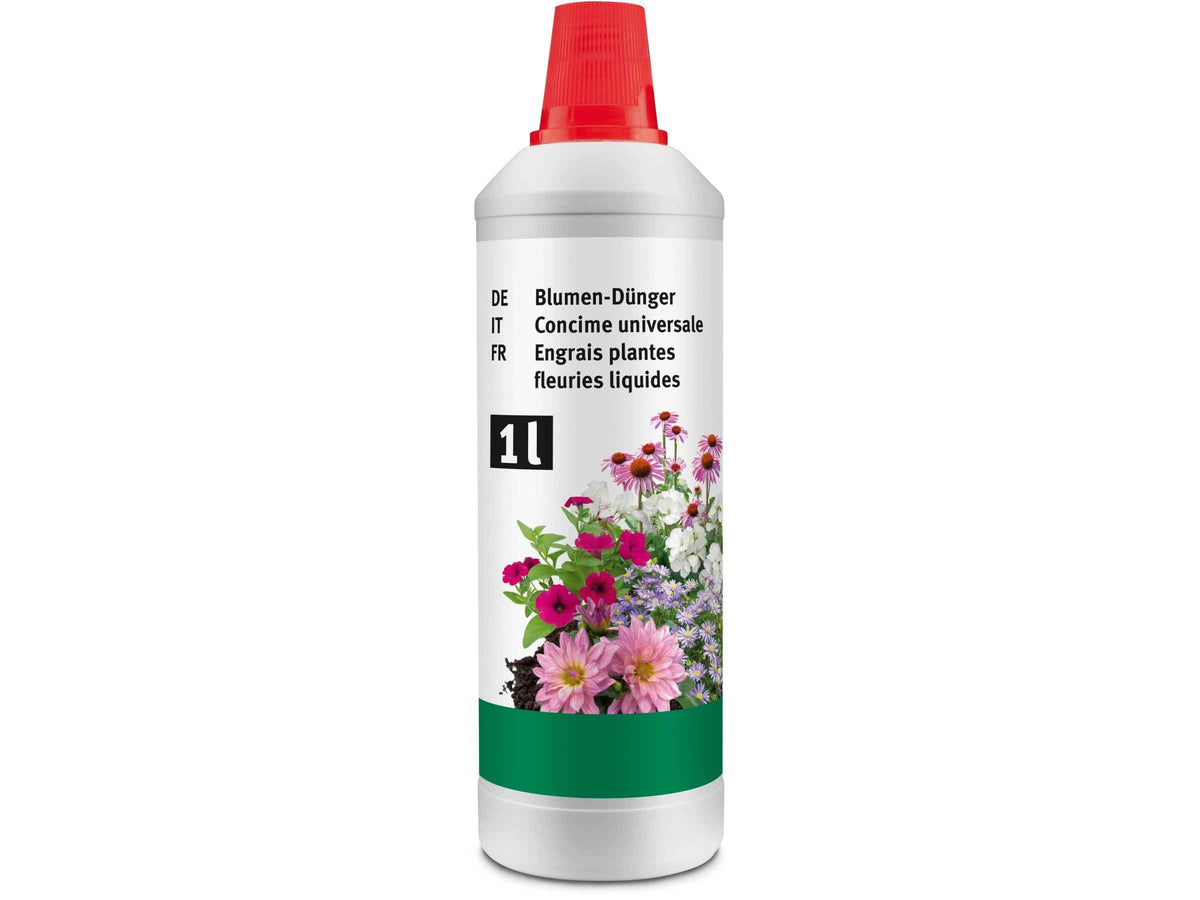 Flüssigdünger terrasan NPK 4-3-3, 1 Liter, für Blumen, zeigt die Flasche mit grünen Blumen im Hintergrund