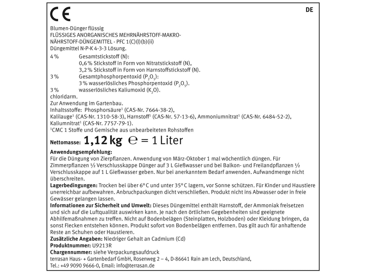 Flüssigdünger NPK 4-3-3 von terrasan, 1 Liter, für Blumen, mit Kennzeichnung auf der Flasche, ideal für gesunde Pflanzen.
