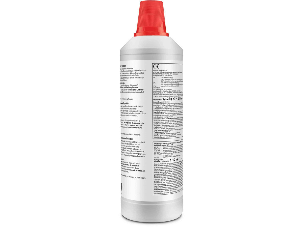 Flüssigdünger terrasan NPK 4-3-3 für Blumen, 1 Liter Flasche, Rückseite mit Produktinformationen und Anwendungshinweisen
