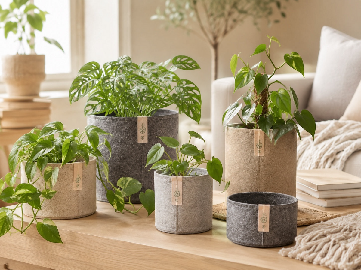 Filz-Stofftopf in Grau von LEAFerservice, atmungsaktiver Pflanzsack aus Filz für Zimmerpflanzen und Dekoration.