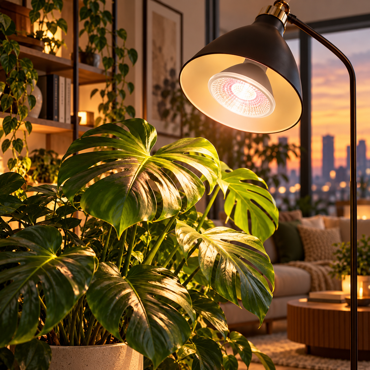 GoLeaf PAR38 E27 Vollspektrum-Pflanzenlampe 10W – Lifestyle-Anwendung über Monstera im Wohnraum