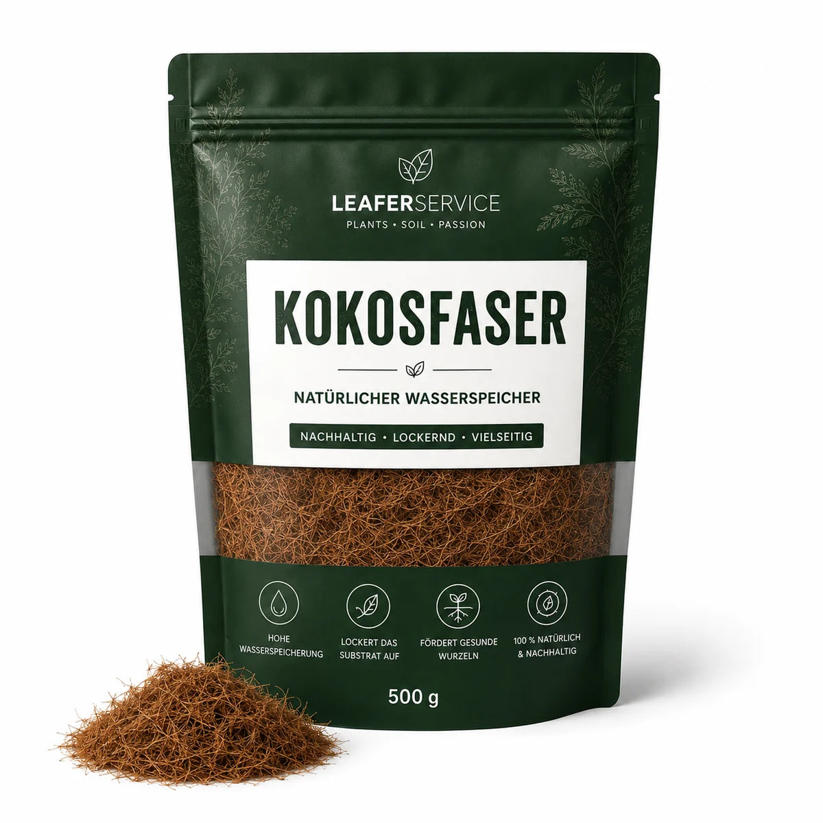 Kokosfasern – torffreier Substratzusatz, LEAFerservice Beispielverpackung 500 g