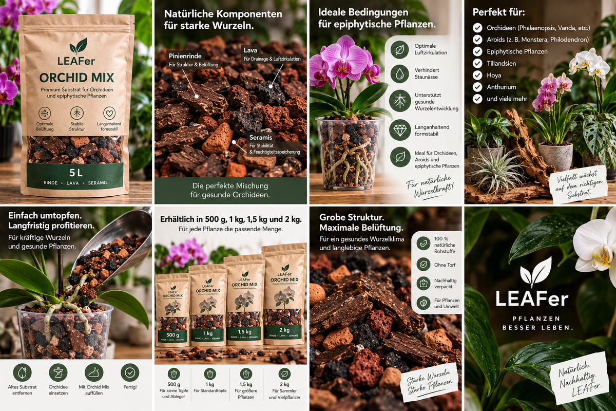 Leistungsstarkes Orchideen-Substrat von LEAFerservice, Spezialmischung für luftige Wurzeln, optimal für gesunde Orchideenwurzeln
