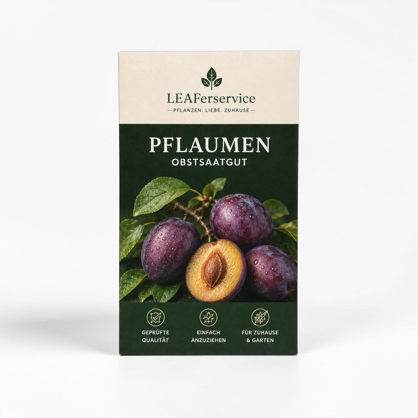 Pflaume Obstsaatgut von LEAFerservice – Produktverpackung mit Pflaumen auf weißem Hintergrund
