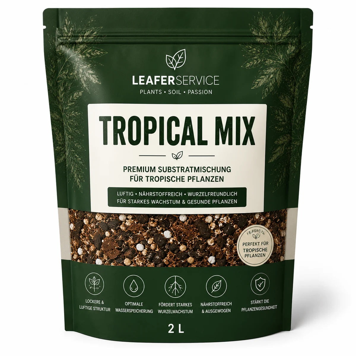 Tropical Mix – Substrat für tropische Zimmerpflanzen, LEAFerservice Beispielverpackung 2 Liter