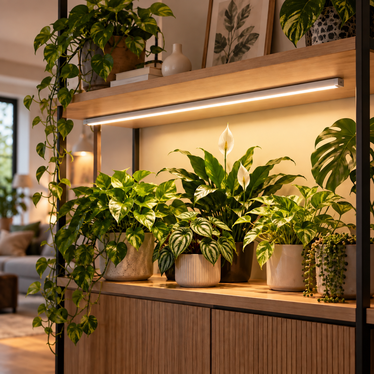 NEUSIUS Aurora 76 cm LED-Pflanzenleuchte 15W – Lifestyle-Anwendung als lineare Pflanzenbeleuchtung im Regal