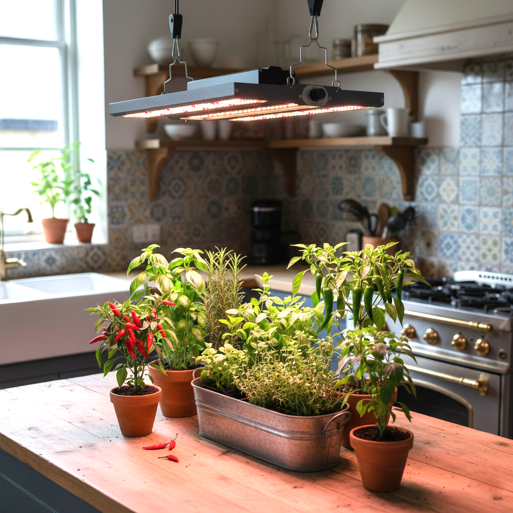 NEUSIUS FLORIS Grow 150W im Wohnraum über Pflanzen