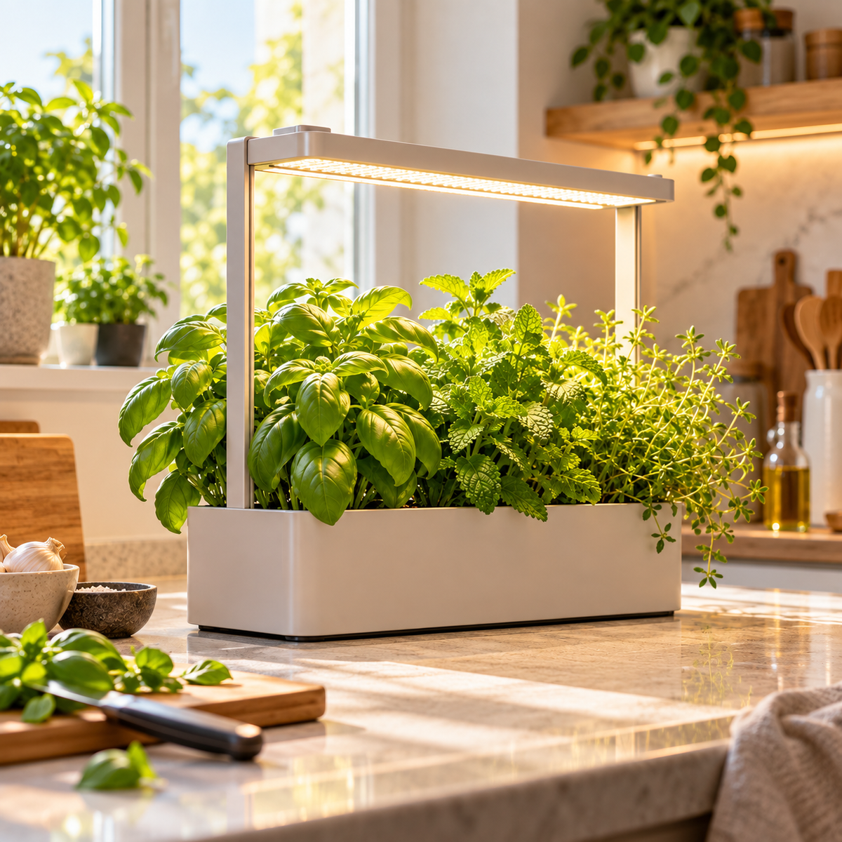 NEUSIUS LED BLOOM 20W 3500K Pflanzenleuchte – Lifestyle-Anwendung mit Kräutern in der Küche