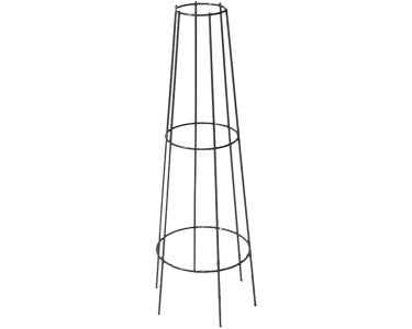 Schwarzer Rankobelisk aus Metall als Rankhilfe, dekorativ und robust, ideal für Kletterpflanzen im Garten.