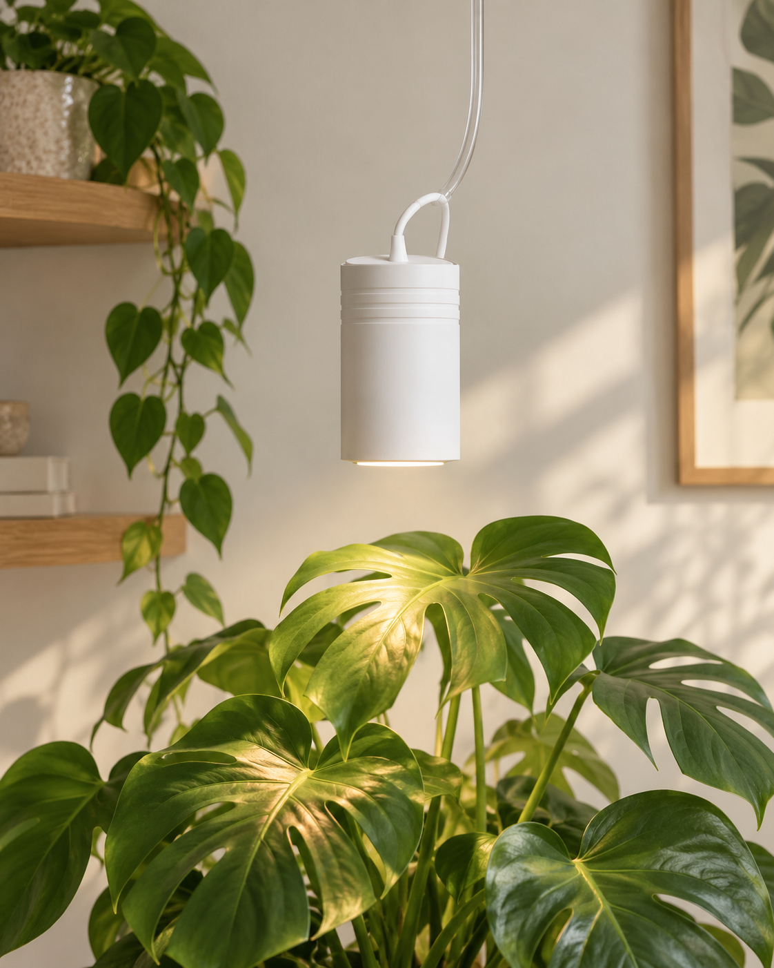 Soltech Aspect Pendant Grow Light – weiße Pflanzenleuchte über einer Monstera im Wohnbereich