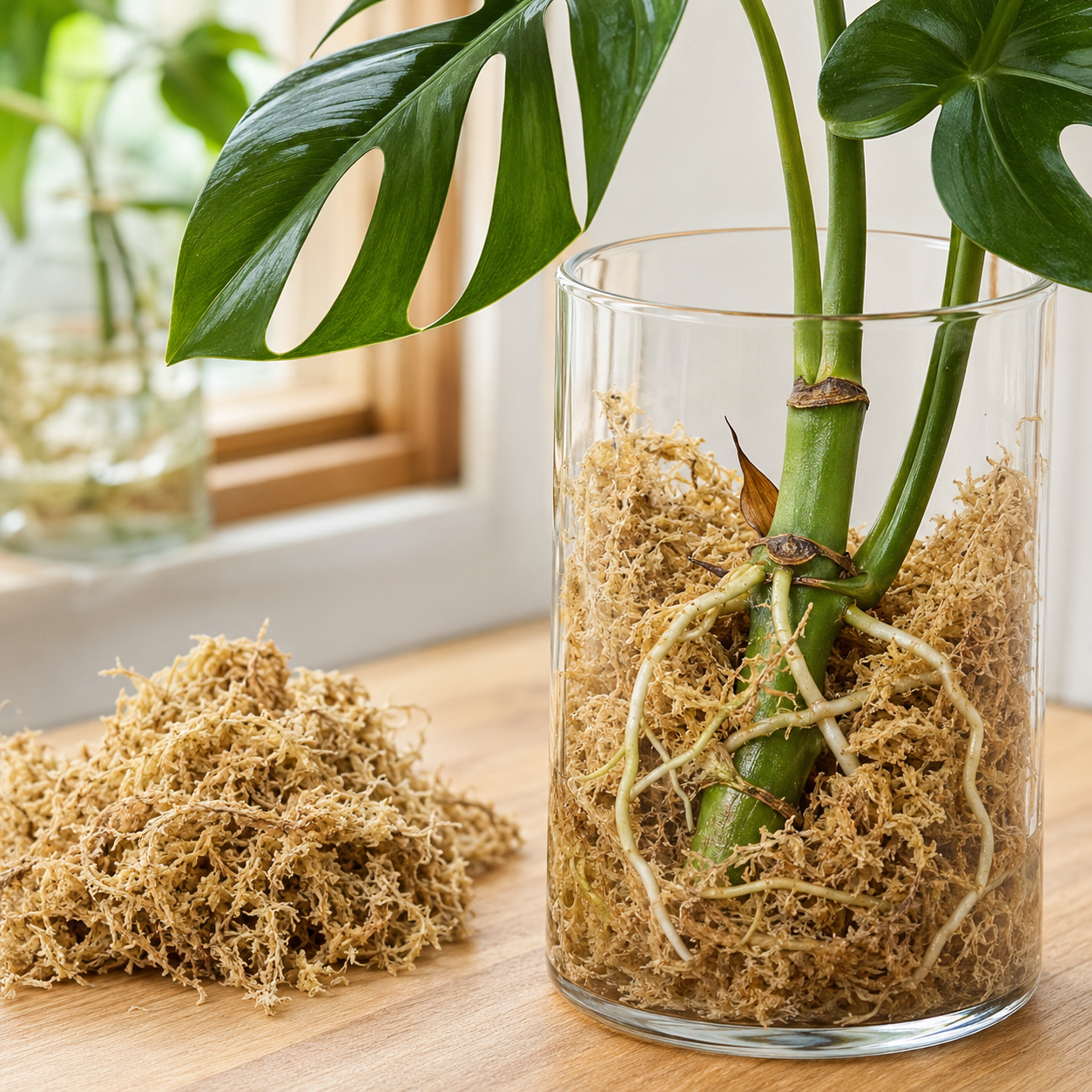 Monstera-Steckling bewurzelt in hellem Sphagnum-Moos in einem Glasgefäß
