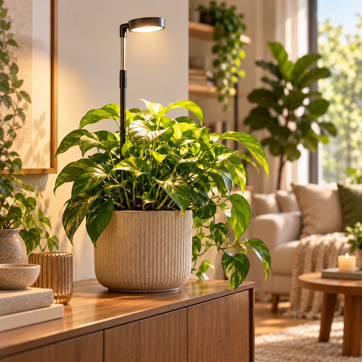 SUNLiTE 7W LED-Pflanzenlampe mit Teleskopstab – Lifestyle-Anwendung bei Zimmerpflanzen im Wohnraum
