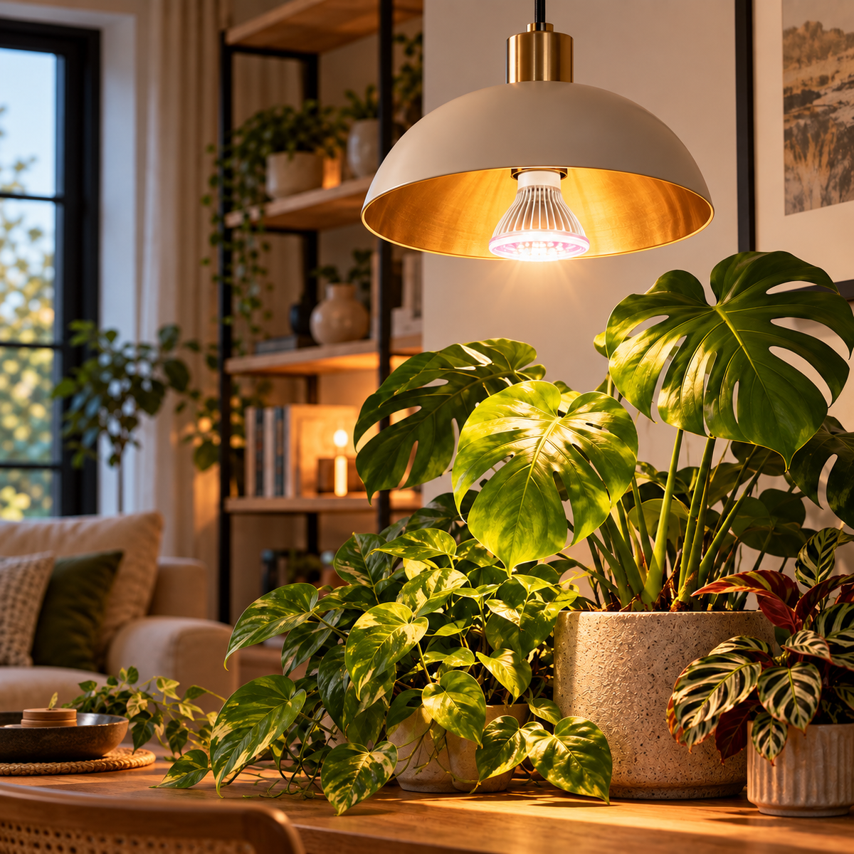 Venso E27 Pflanzenlampe Indoor Plants 7W / 15W – Lifestyle-Anwendung in dekorativer Pendelleuchte über Zimmerpflanzen