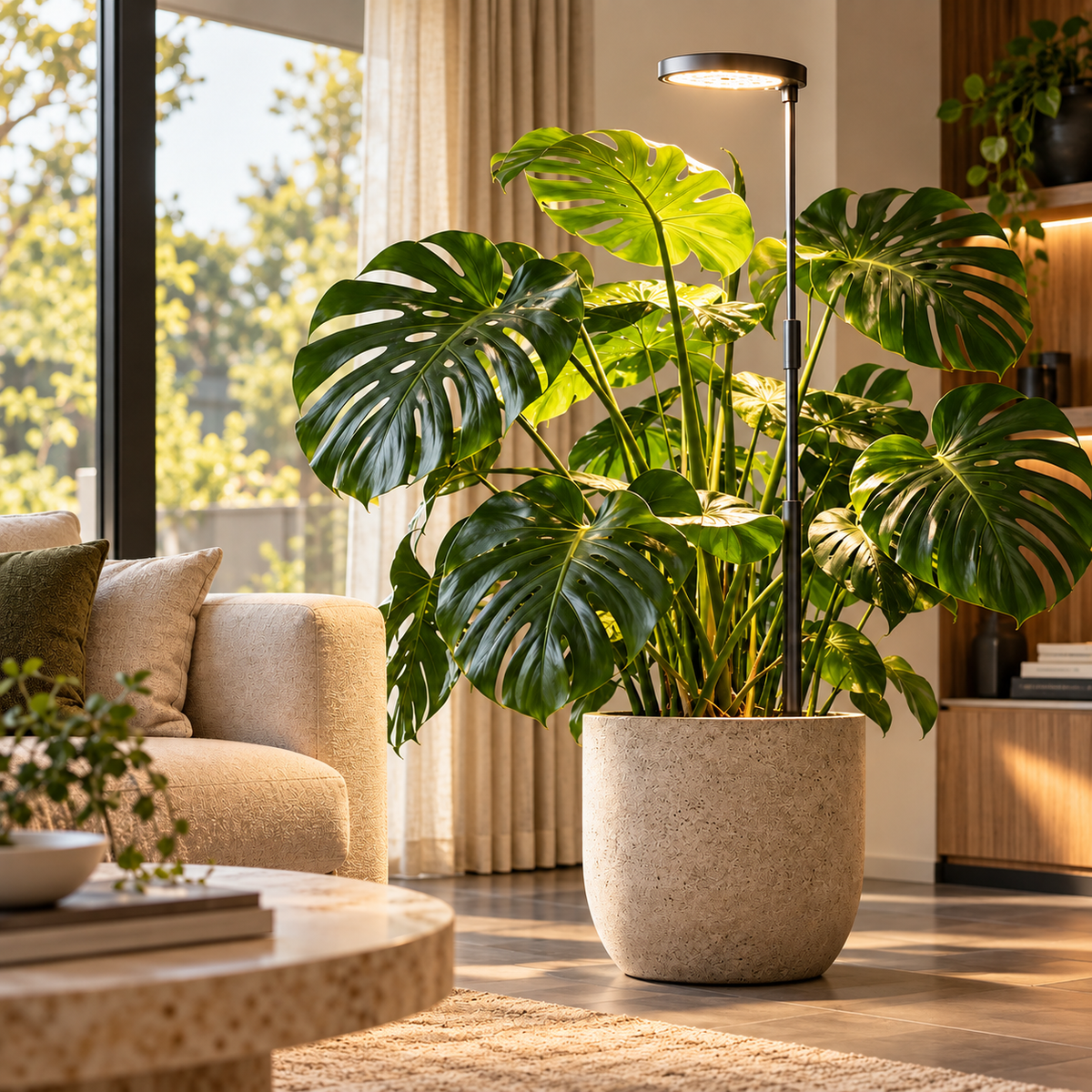 Venso SUNLiTE XL 25W LED-Pflanzenlampe – Lifestyle-Anwendung an großer Monstera im Wohnzimmer